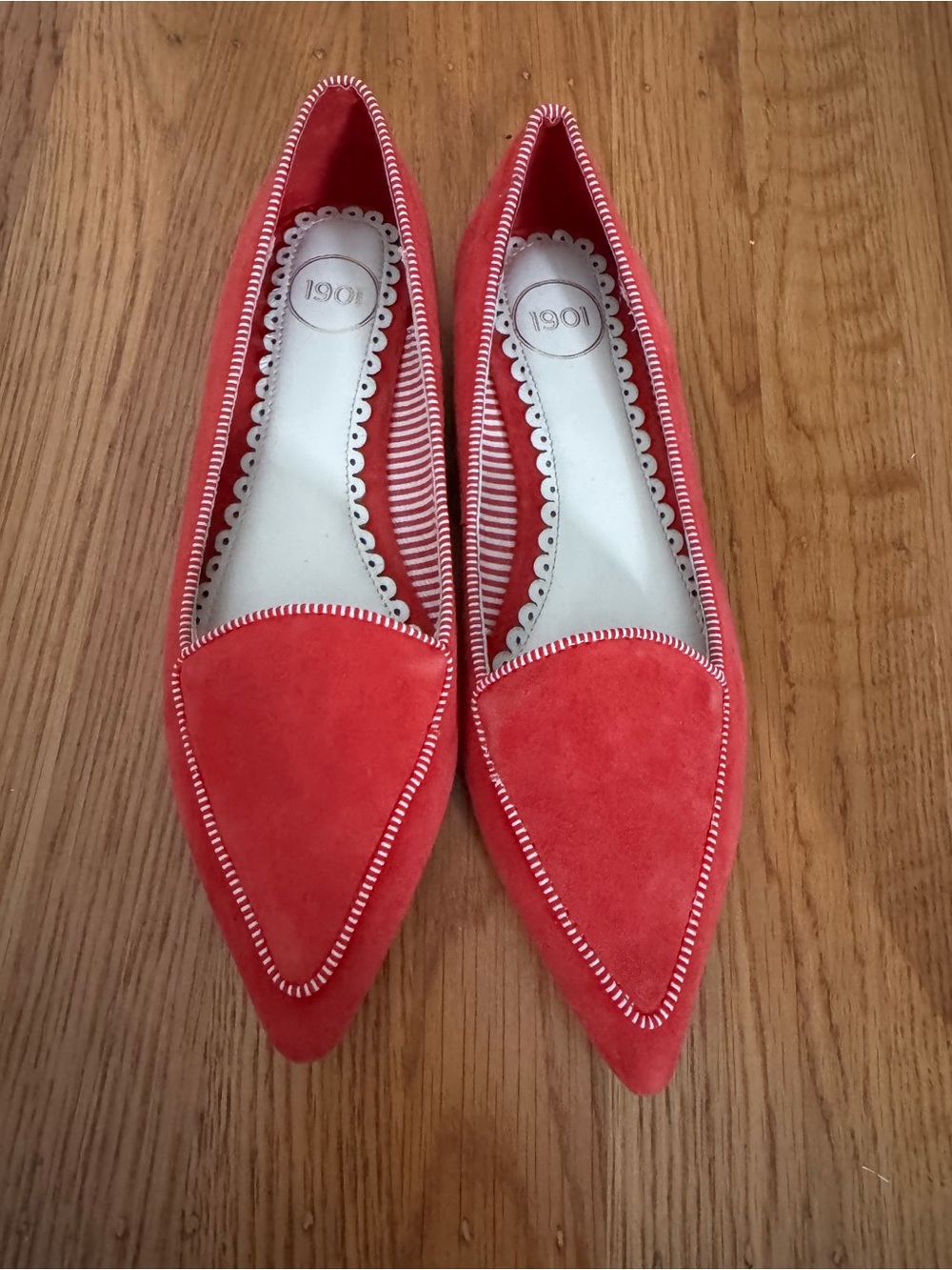 1901 by Nordstrom Red Suede Pointed Toe Flats with Contrast Stitching